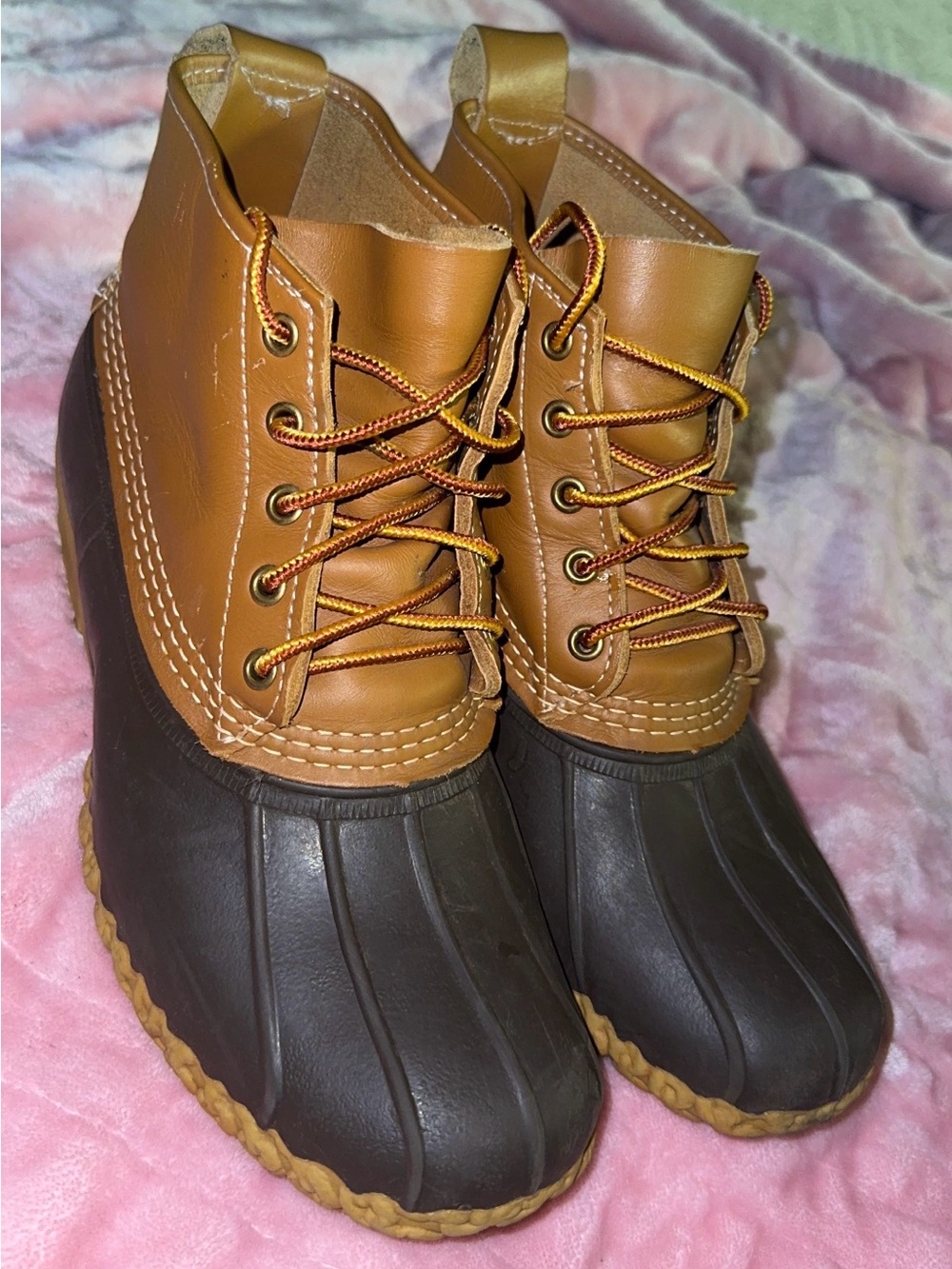 L.L. Bean Women's Two-Tone Duck Boots in Chestnut and Dark Brown